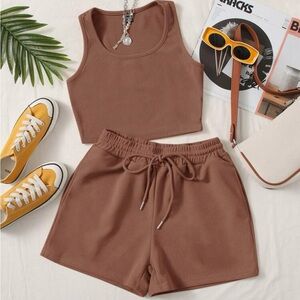 SHEIN Brown Ribbed Crop Tank and Drawstring Shorts Set